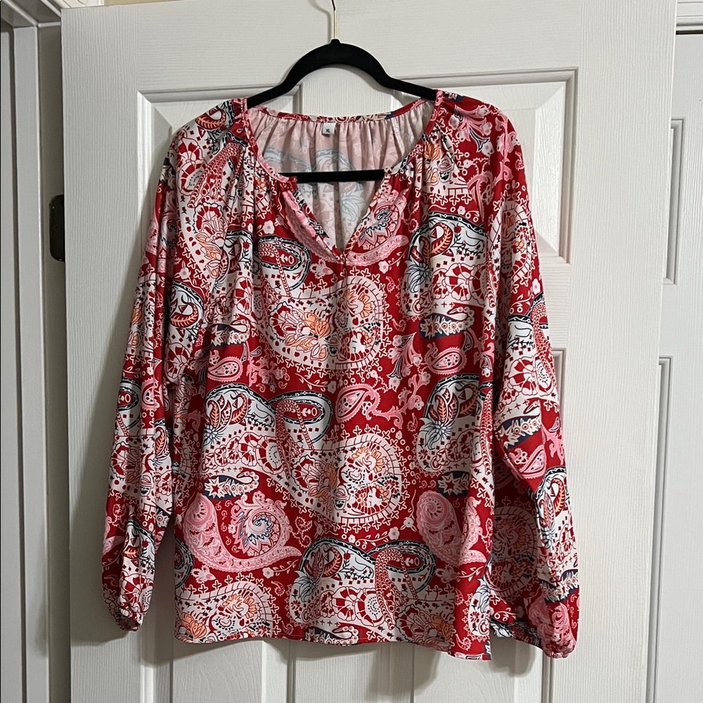 Red and White Paisley Patterned V Neck Long Sleeve Balloon Sleeve Blouse Size XL